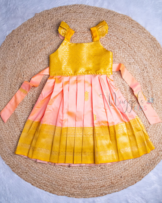 Ready to Ship: Coral and Yellow Premium Kanchi Frock with Ruffle Sleeves