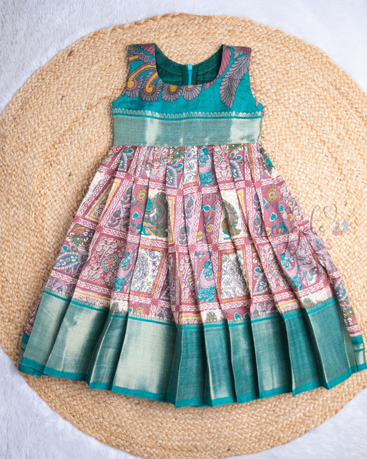 Ready to Ship: Kalamkari in Checks Teal and Salmon Pink Semi Silk Sleeveless Frock