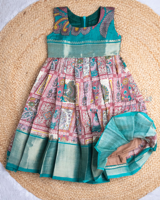 Ready to Ship: Kalamkari in Checks Teal and Salmon Pink Semi Silk Sleeveless Frock