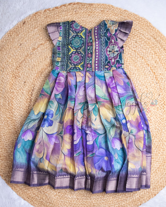 Ready to Ship: Brush Paint Printed Violet and Mustard Yellow Semi Silk Frock with Pleated Cap Sleeves