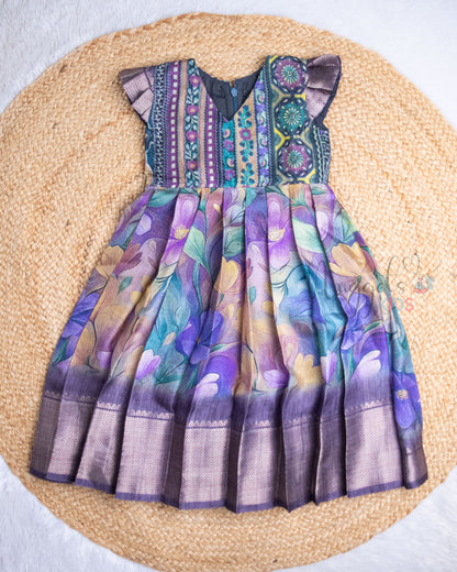 Ready to Ship: Brush Paint Printed Violet and Mustard Yellow Semi Silk Frock with Pleated Cap Sleeves