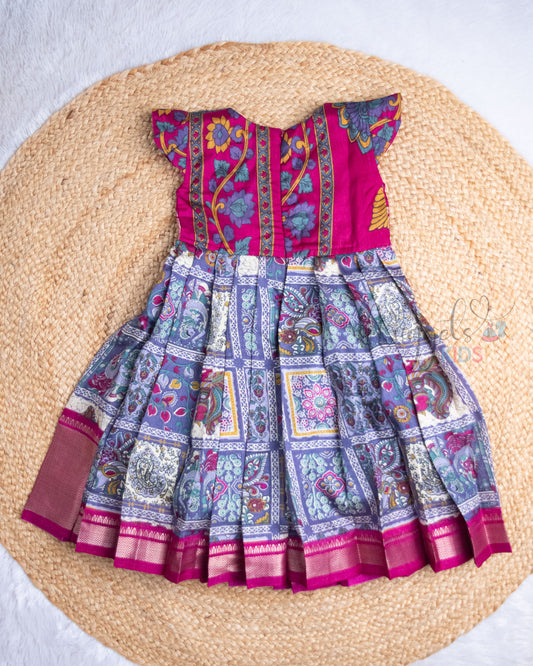 Ready to Ship: Kalamkari in Checks Printed Pink and Lavender Semi Silk Frock with Pleated Cap Sleeves