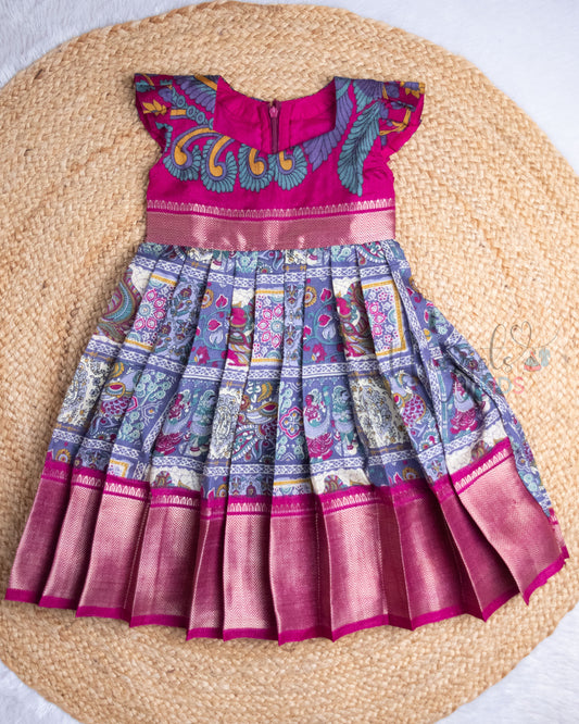 Ready to Ship: Kalamkari in Checks Printed Pink and Lavender Semi Silk Frock with Pleated Cap Sleeves