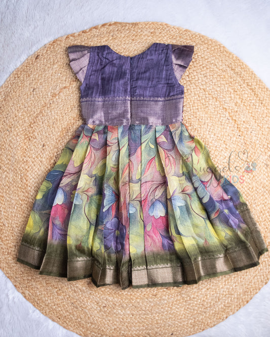 Ready to Ship: Brush Paint Printed Purple and Olive Green Semi Silk Frock with Pleated Cap Sleeves