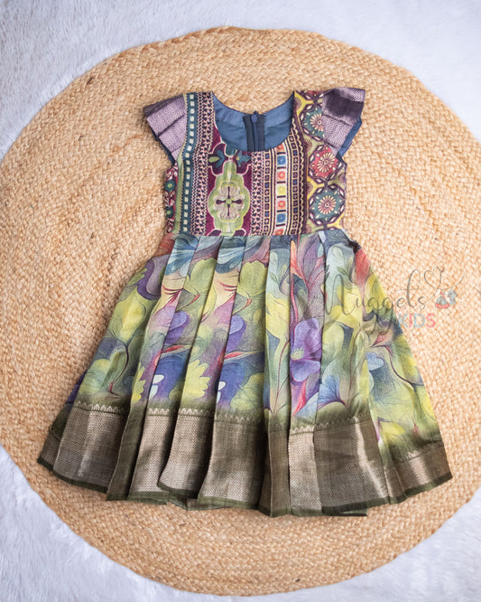 Ready to Ship: Brush Paint Printed Purple and Olive Green Semi Silk Frock with Pleated Cap Sleeves