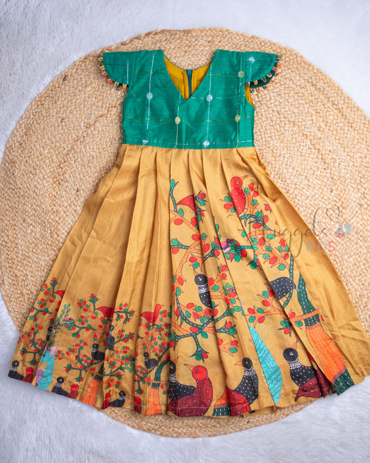 Ready to Ship: Green Raw Silk Yoke and Printed Tussar Silk Frock with Loops Detailed Cap Sleeves