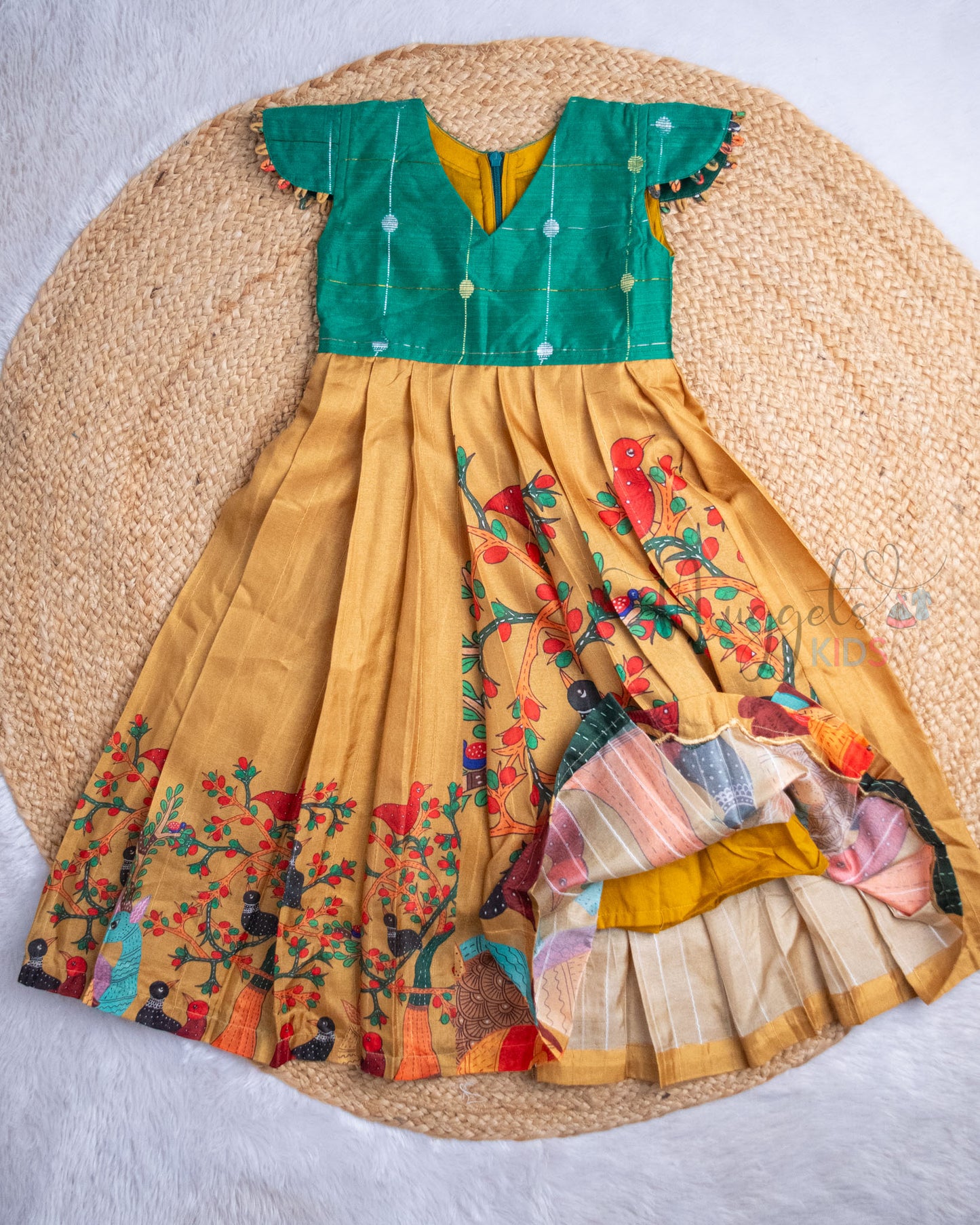 Ready to Ship: Green Raw Silk Yoke and Printed Tussar Silk Frock with Loops Detailed Cap Sleeves