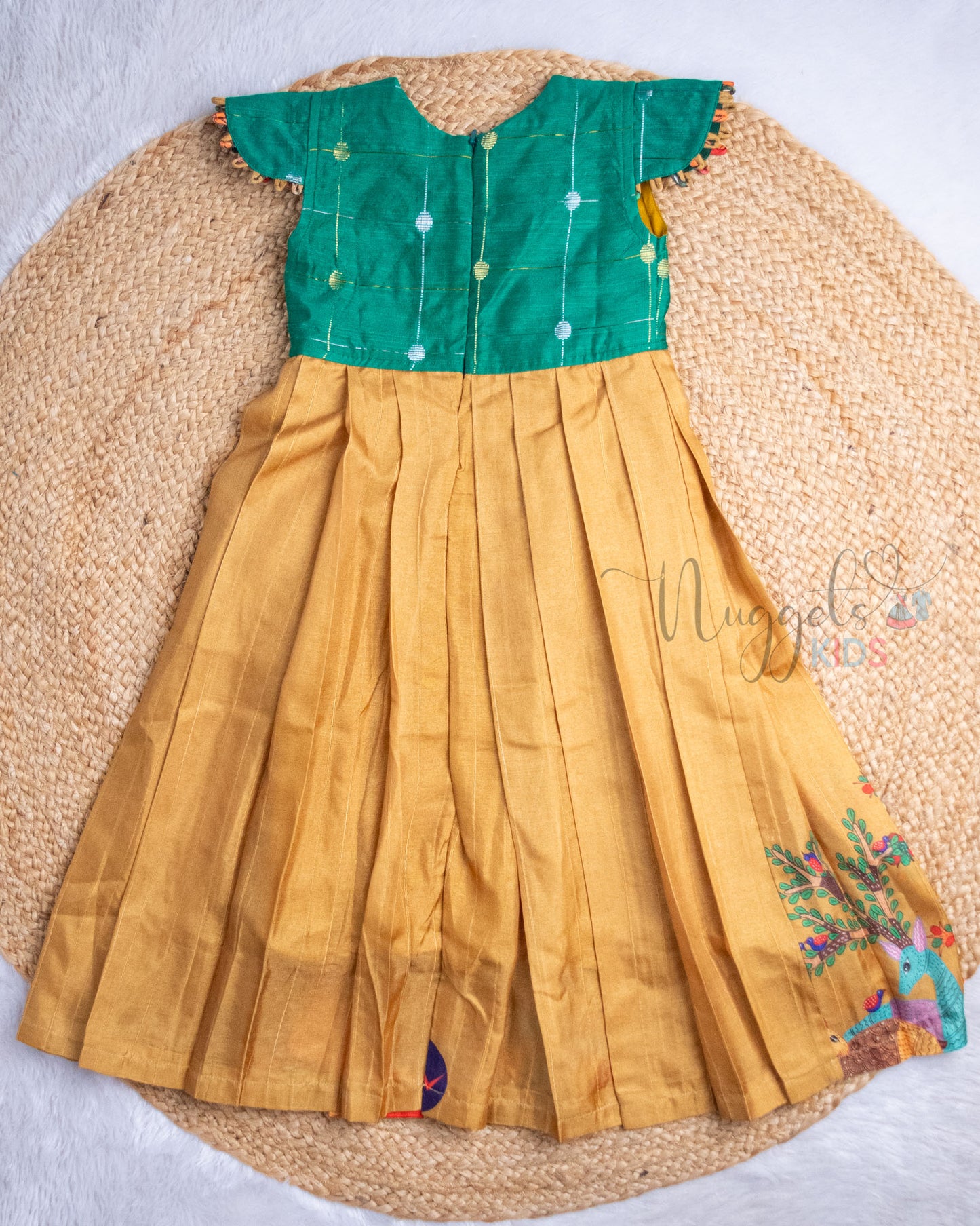 Ready to Ship: Green Raw Silk Yoke and Printed Tussar Silk Frock with Loops Detailed Cap Sleeves