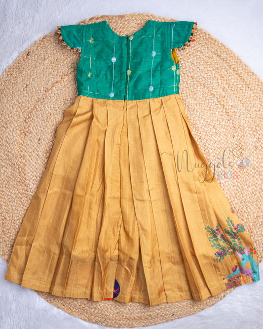 Ready to Ship: Green Raw Silk Yoke and Printed Tussar Silk Frock with Loops Detailed Cap Sleeves