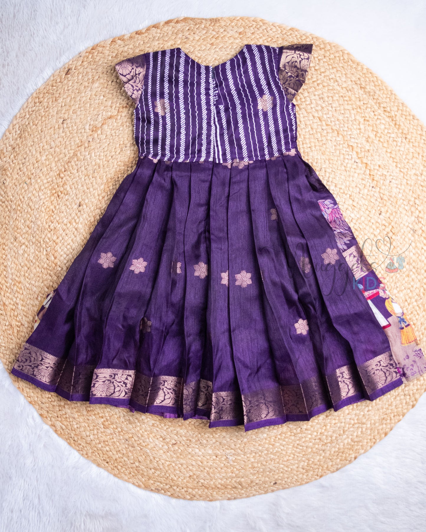 Ready to Ship: Mughal Art Printed Deep Purple Semi Silk Frock with Pleated Cap Sleeves