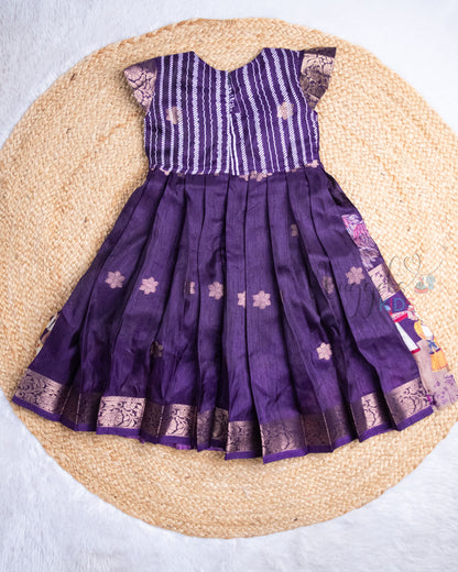 Ready to Ship: Mughal Art Printed Deep Purple Semi Silk Frock with Pleated Cap Sleeves