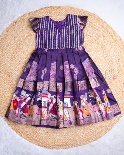 Ready to Ship: Mughal Art Printed Deep Purple Semi Silk Frock with Pleated Cap Sleeves