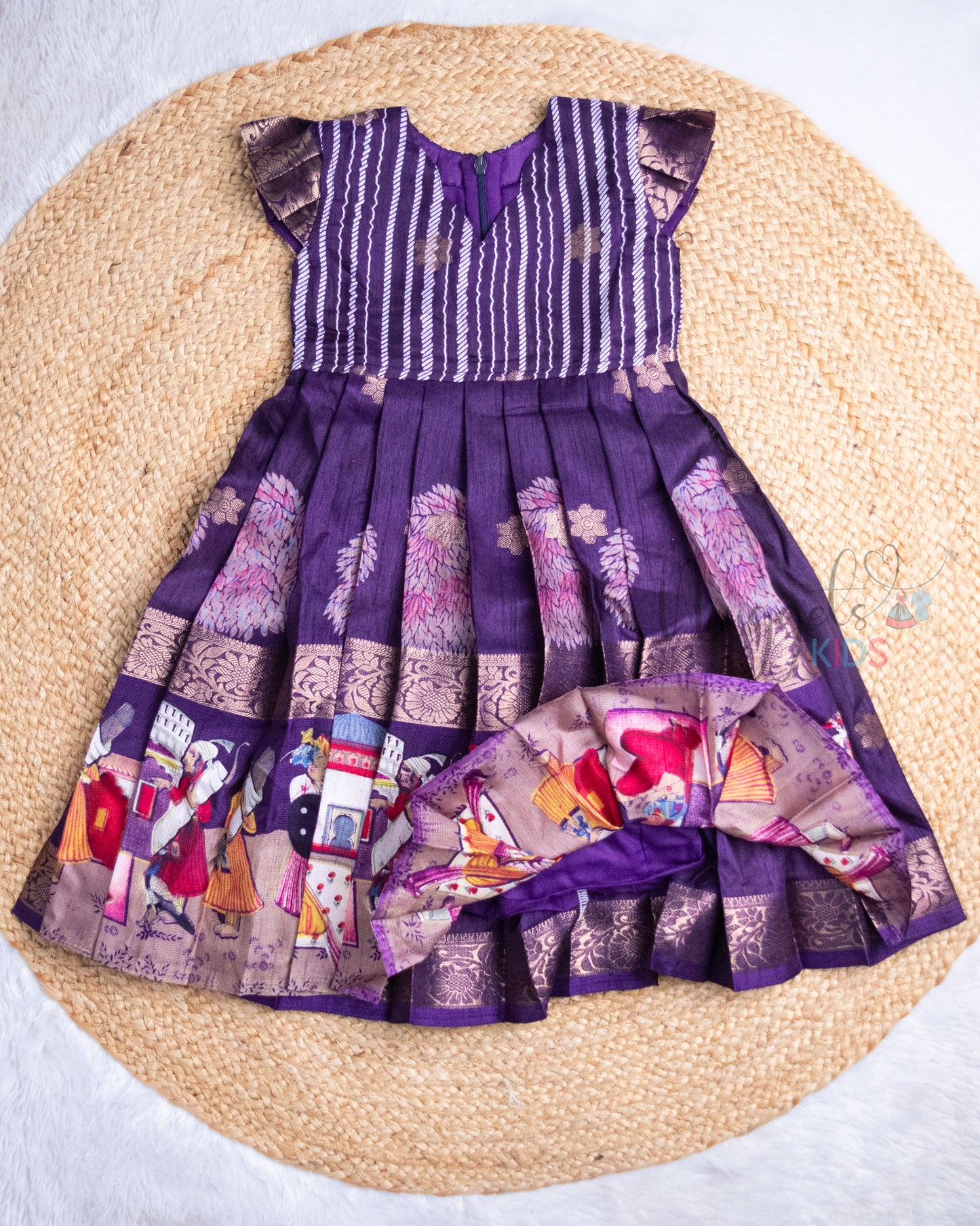 Ready to Ship: Mughal Art Printed Deep Purple Semi Silk Frock with Pleated Cap Sleeves