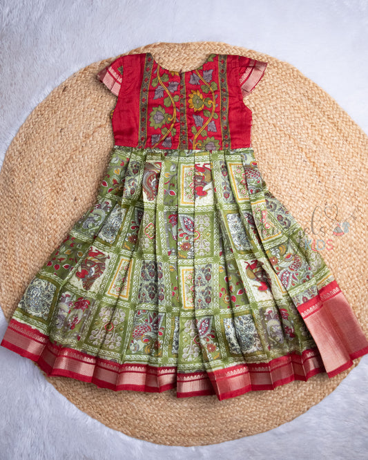 Ready to Ship: Kalamkari in Checks Printed Red and Olive Green Semi Silk Frock with Pleated Cap Sleeves