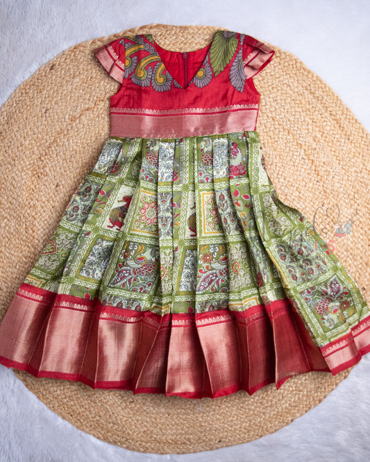 Ready to Ship: Kalamkari in Checks Printed Red and Olive Green Semi Silk Frock with Pleated Cap Sleeves