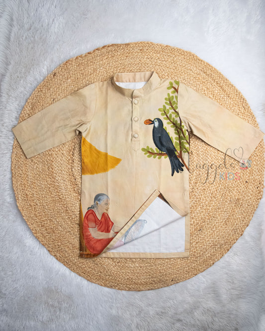 Ready to Ship: Grandma, Crow and Vada Story Giza Cotton Kurta