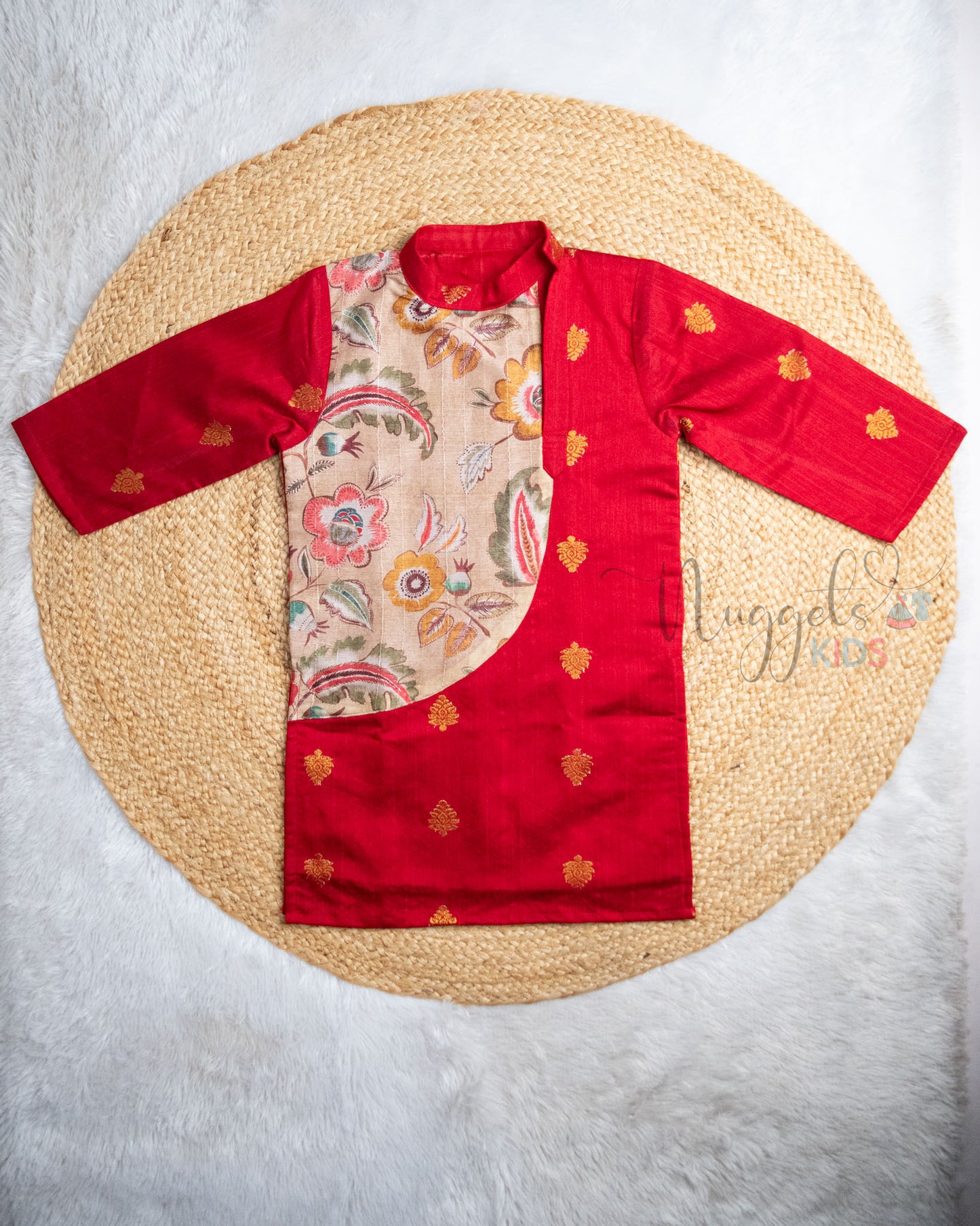 Pre Order: Red Raw Silk Kurta with Printed Silk Patch detailing