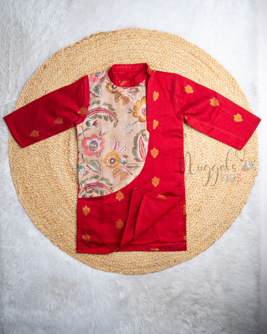 Pre Order: Red Raw Silk Kurta with Printed Silk Patch detailing