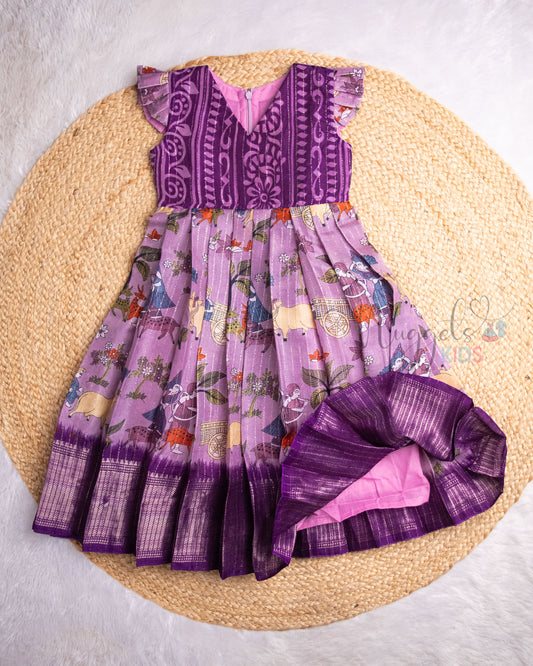Ready to Ship: Purple Worli Printed Semi Silk Frock with Pleated Cap Sleeves