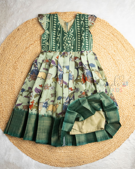 Ready to Ship: Green Worli Printed Semi Silk Frock with Pleated Cap Sleeves