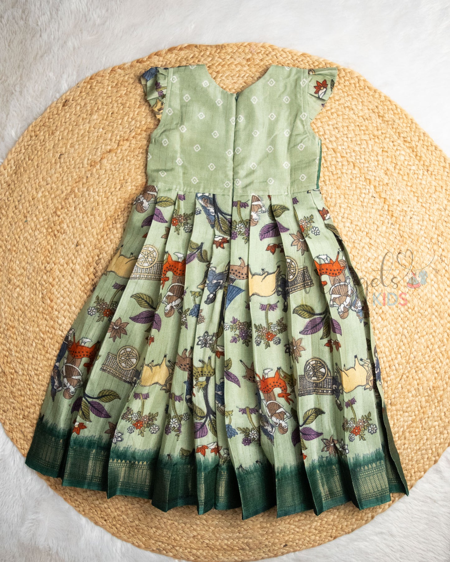 Ready to Ship: Green Worli Printed Semi Silk Frock with Pleated Cap Sleeves