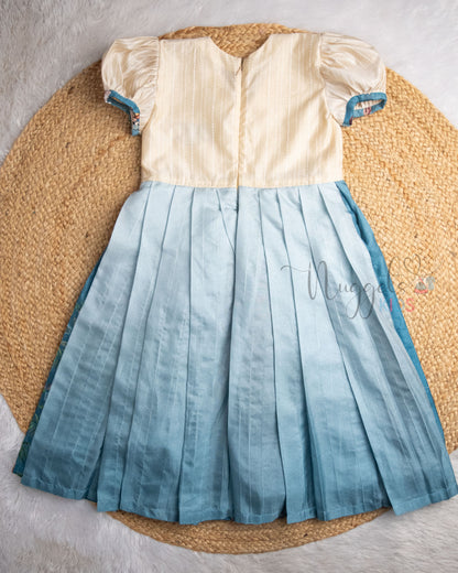 Ready to Ship: Ombre Shaded Semi Tussar Frock with Beautiful Printed Flare, Cream White Raw Silk Yoke,  Leaf Neck and Puff Sleeves