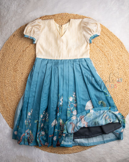 Ready to Ship: Ombre Shaded Semi Tussar Frock with Beautiful Printed Flare, Cream White Raw Silk Yoke,  Leaf Neck and Puff Sleeves