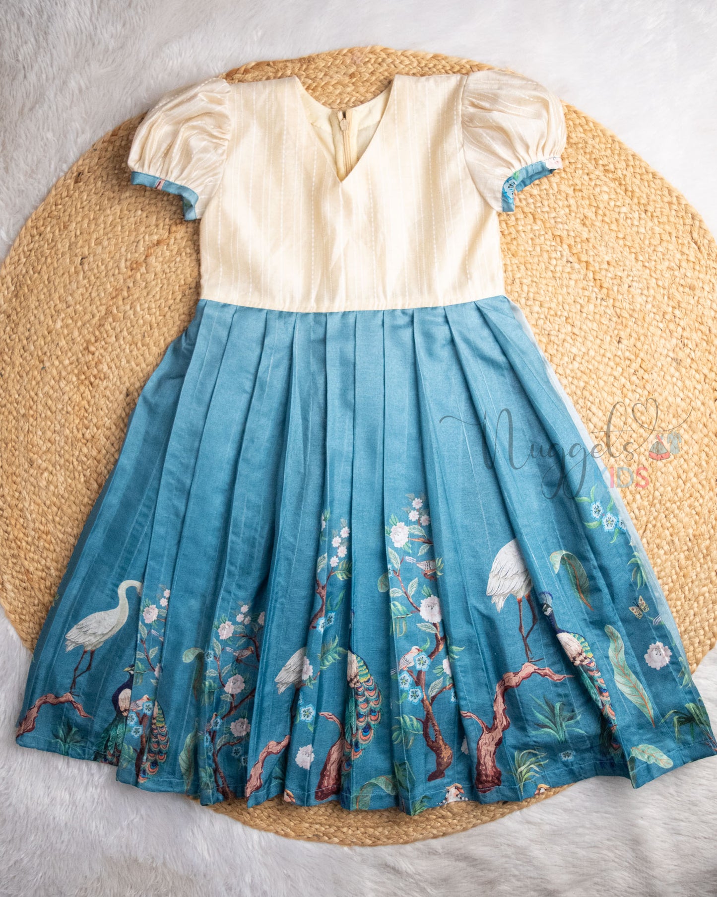 Ready to Ship: Ombre Shaded Semi Tussar Frock with Beautiful Printed Flare, Cream White Raw Silk Yoke,  Leaf Neck and Puff Sleeves