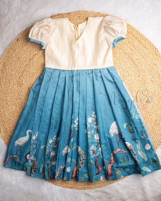 Ready to Ship: Ombre Shaded Semi Tussar Frock with Beautiful Printed Flare, Cream White Raw Silk Yoke,  Leaf Neck and Puff Sleeves