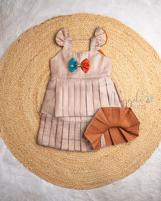 Ready to Ship: Copper Steel Blue Semi Silk Two Layer With Ruffle Sleeves Pattu Frock with Bow Detailing