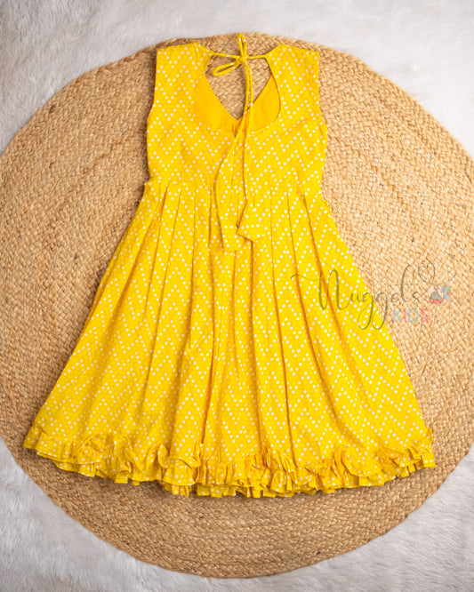 Ready to Ship: Yellow Polka Dots Butterfly bowed frock with Peter Pan Collar, Frilly Flare and Back Tie