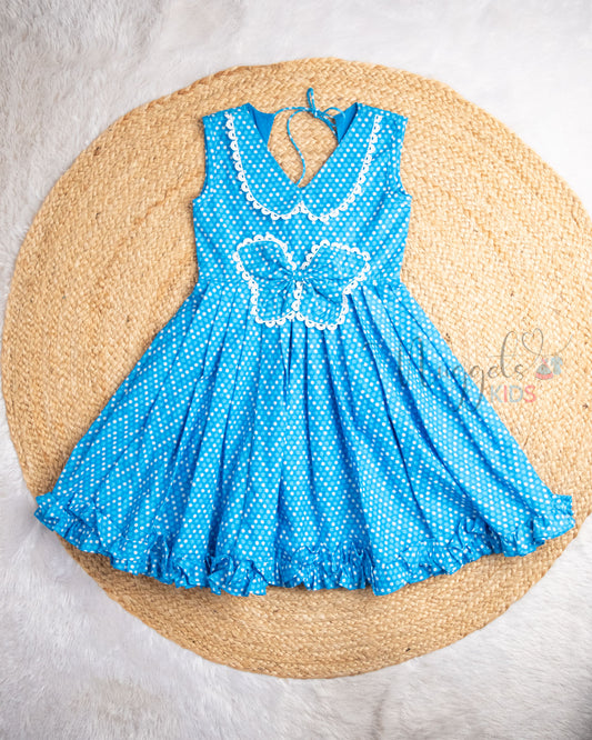 Ready to Ship: Sky Blue Polka Dots Butterfly bowed frock with Peter Pan Collar, Frilly Flare and Back Tie