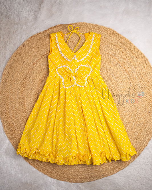 Ready to Ship: Yellow Polka Dots Butterfly bowed frock with Peter Pan Collar, Frilly Flare and Back Tie