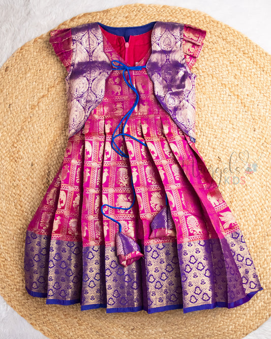 Ready to Ship: Pink and Violet Semi Silk Sleeveless Gown with Pleated Cap Sleeve Detachable Jacket