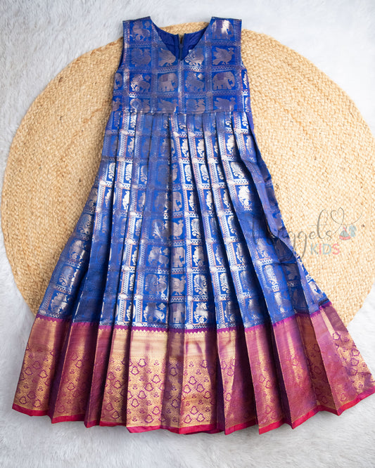 Ready to Ship: Blue and Red Semi Silk Sleeveless Gown with Pleated Cap Sleeve Detachable Jacket