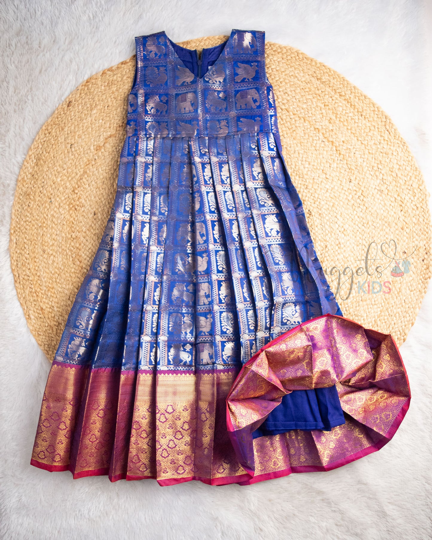 Ready to Ship: Blue and Red Semi Silk Sleeveless Gown with Pleated Cap Sleeve Detachable Jacket