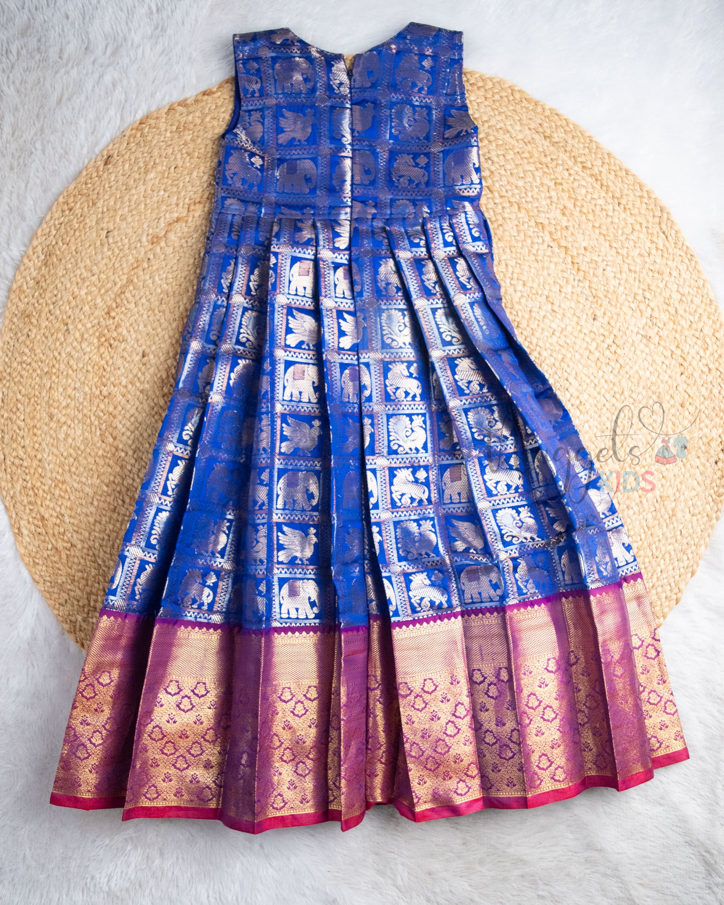Ready to Ship: Blue and Red Semi Silk Sleeveless Gown with Pleated Cap Sleeve Detachable Jacket