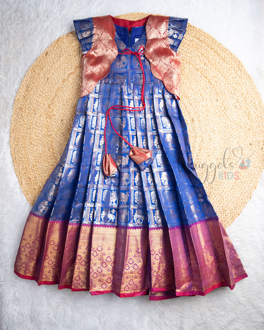 Ready to Ship: Blue and Red Semi Silk Sleeveless Gown with Pleated Cap Sleeve Detachable Jacket