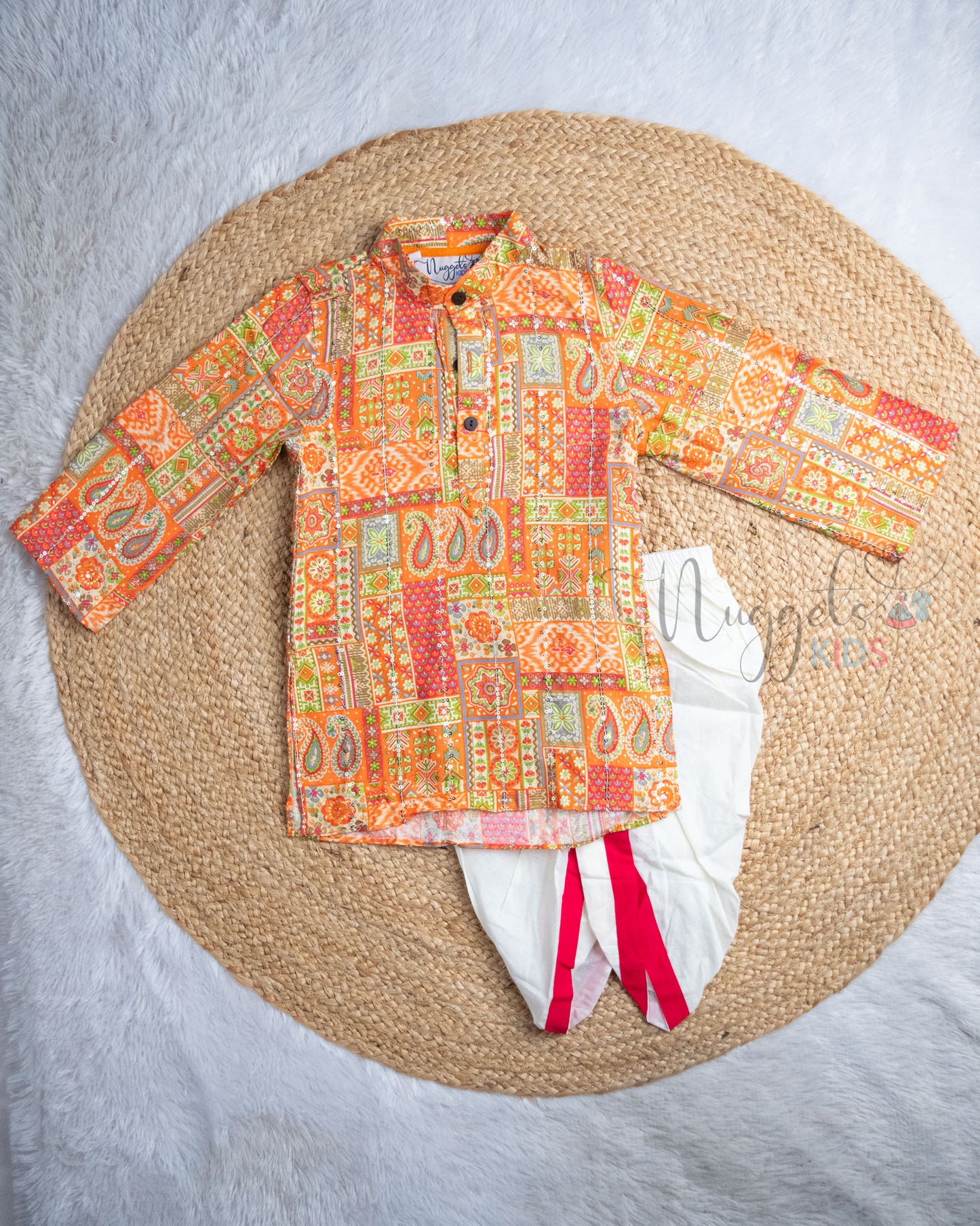 Ready to Ship: Peach Foil Printed Patola Kurta with designer red taping dhoti