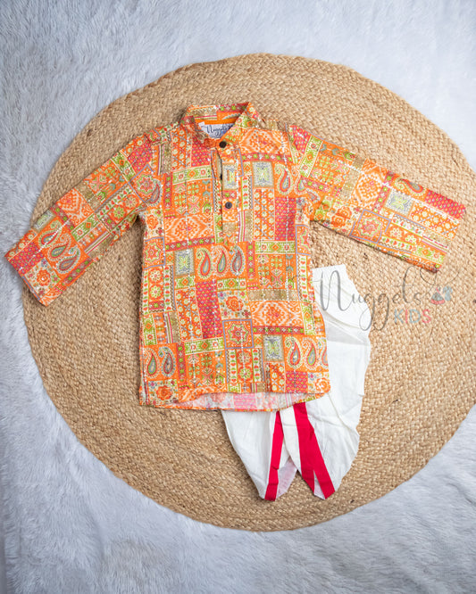 Ready to Ship: Peach Foil Printed Patola Kurta with designer red taping dhoti