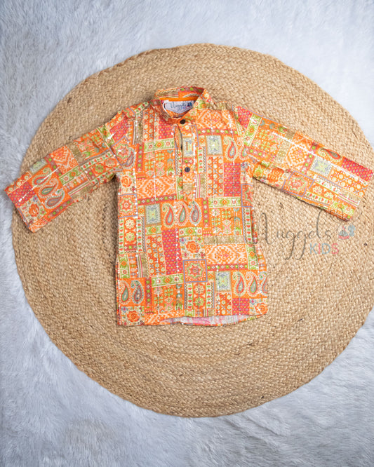 Ready to Ship: Peach Foil Printed Patola Kurta with designer red taping dhoti