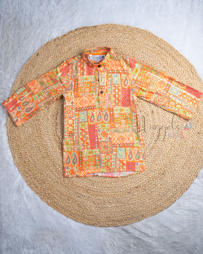 Ready to Ship: Peach Foil Printed Patola Kurta with designer red taping dhoti