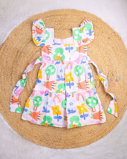Ready to Ship: Baby Pink Two Tiered Printed Cotton Frock with Ruffle Sleeves
