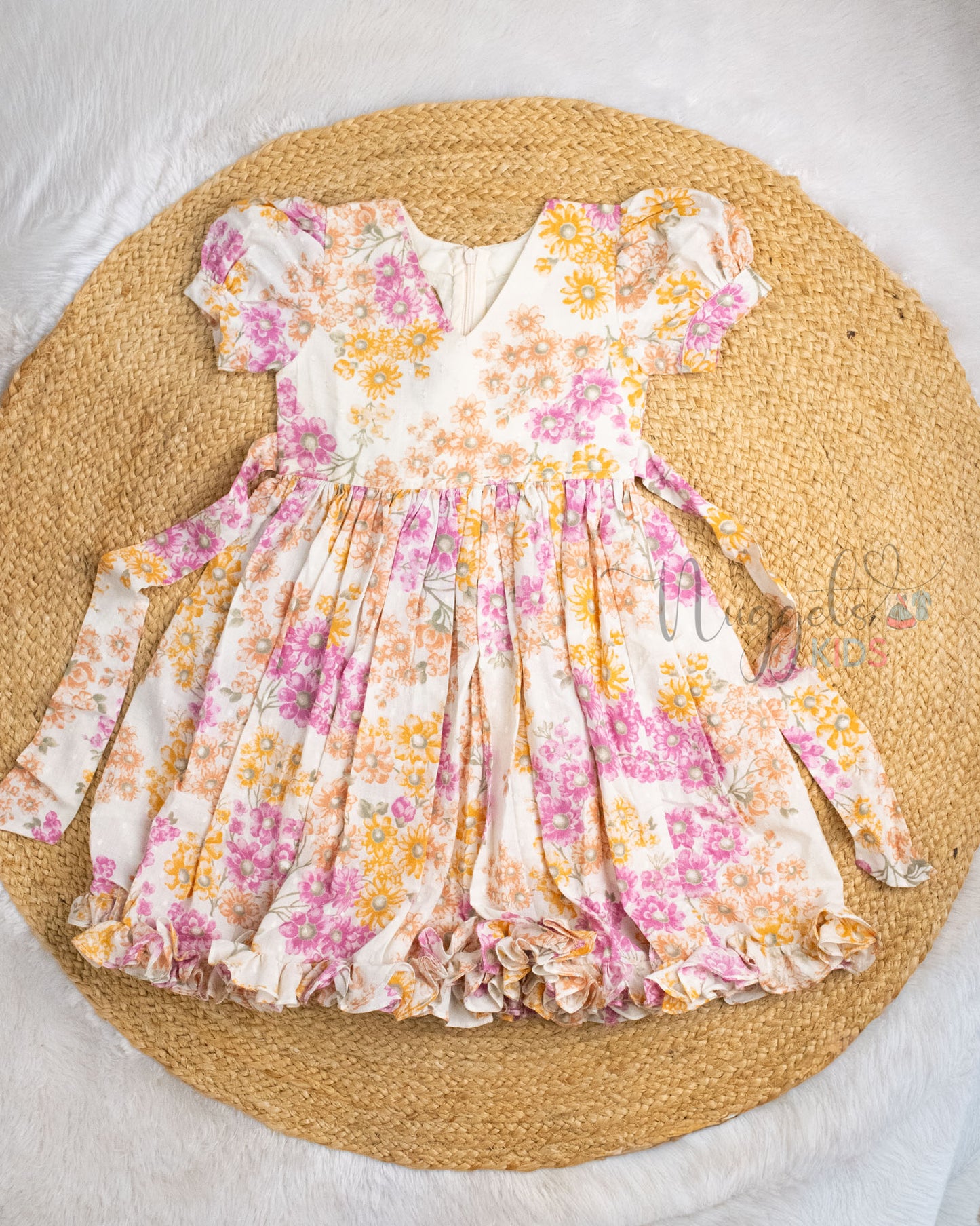 Ready to Ship: Offwhite White Small Floral Self-Cotton Frock With Puff Sleeves and Back Tie