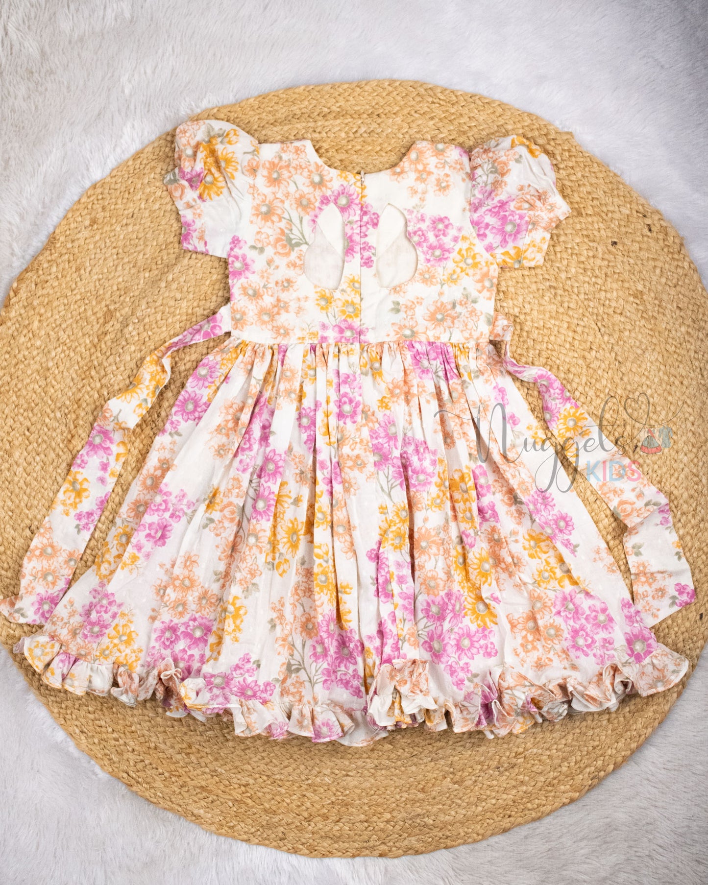 Ready to Ship: Offwhite White Small Floral Self-Cotton Frock With Puff Sleeves and Back Tie