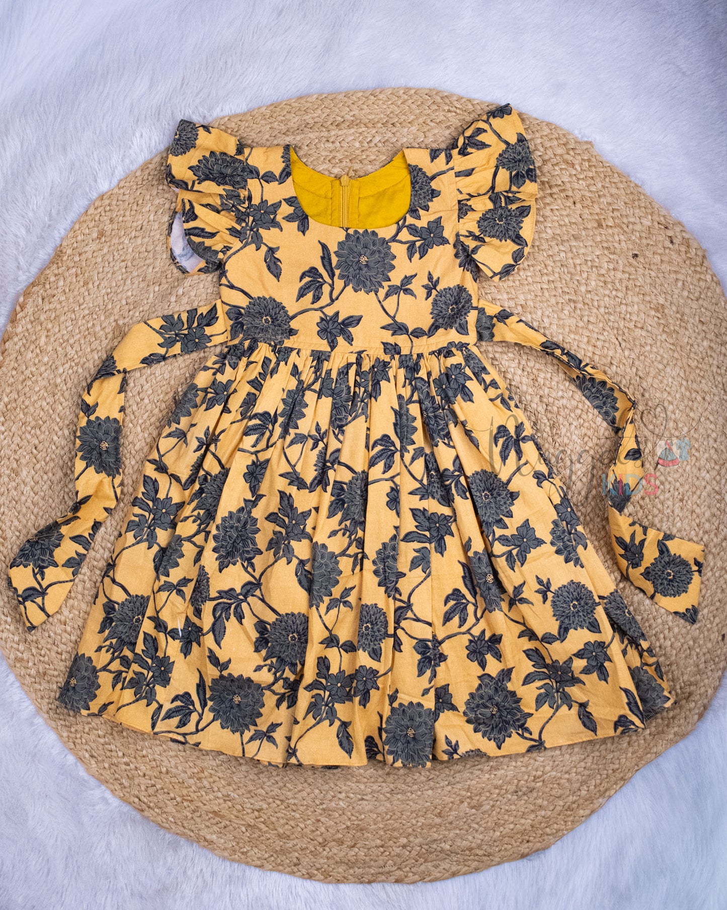 Ready to Ship: Sandal Yellow Floral Poplin Cotton Frock With Ruffle Sleeves and back tie