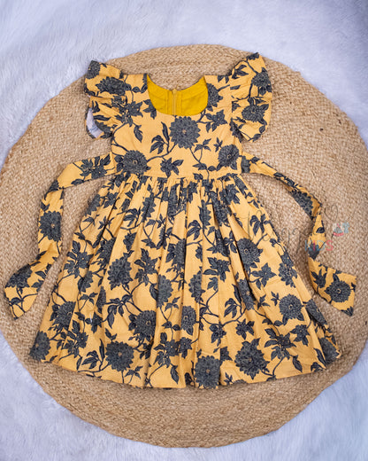 Ready to Ship: Sandal Yellow Floral Poplin Cotton Frock With Ruffle Sleeves and back tie