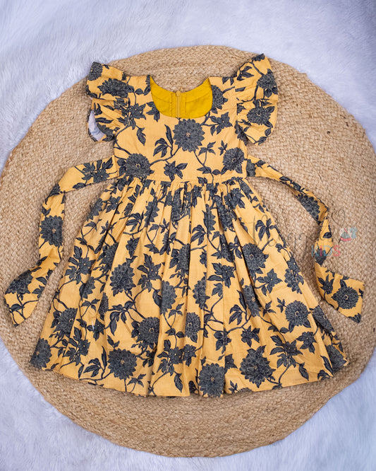 Ready to Ship: Sandal Yellow Floral Poplin Cotton Frock With Ruffle Sleeves and back tie
