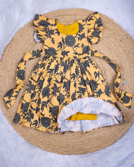 Ready to Ship: Sandal Yellow Floral Poplin Cotton Frock With Ruffle Sleeves and back tie