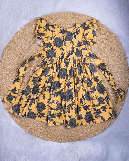 Ready to Ship: Sandal Yellow Floral Poplin Cotton Frock With Ruffle Sleeves and back tie